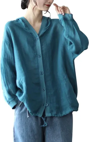 chouyatou Women's Spring Summer Oversized Button Down Hooded Linen Shirt Jacket Top