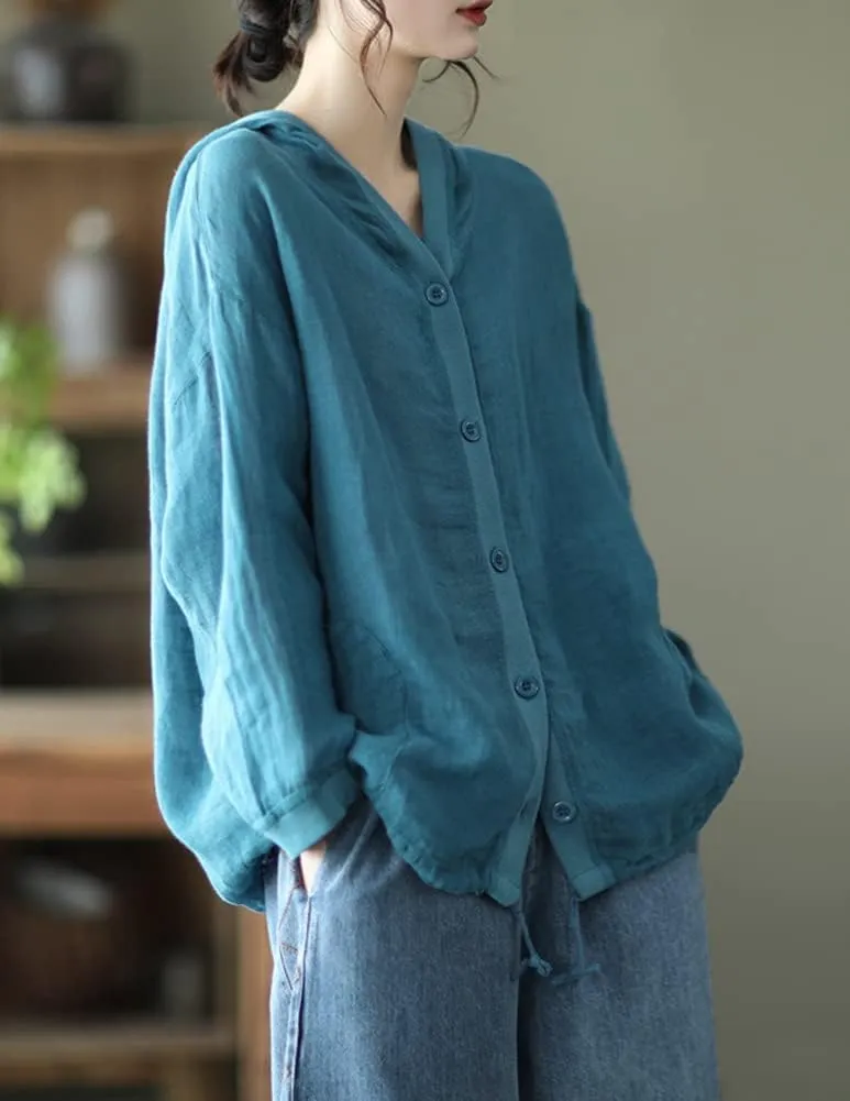 chouyatou Women's Spring Summer Oversized Button Down Hooded Linen Shirt Jacket Top