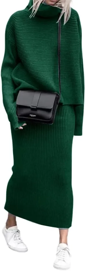 chouyatou Women's Turtleneck 2 Piece Outfits Ribbed Knit Sweater Midi Pencil Skirt Set