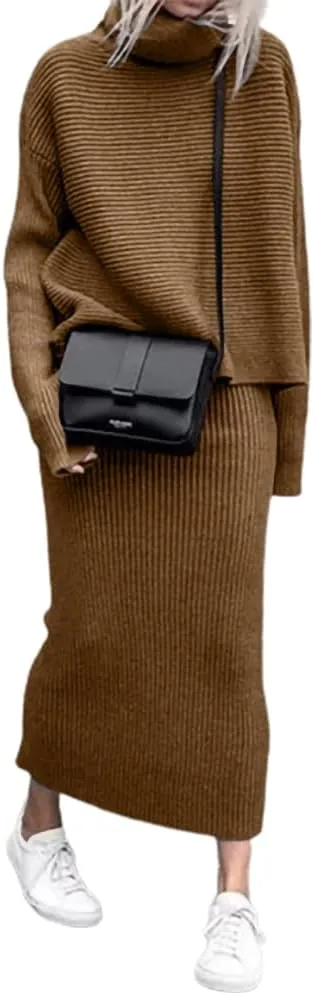 chouyatou Women's Turtleneck 2 Piece Outfits Ribbed Knit Sweater Midi Pencil Skirt Set