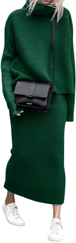 chouyatou Women's Turtleneck 2 Piece Outfits Ribbed Knit Sweater Midi Pencil Skirt Set