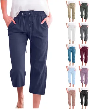 Christmas Clearance,Capri Pants for Women Casual Summer Cotton Linen Capris Drawstring Elastic High Waist Pants Wide Leg Cropped Trouser