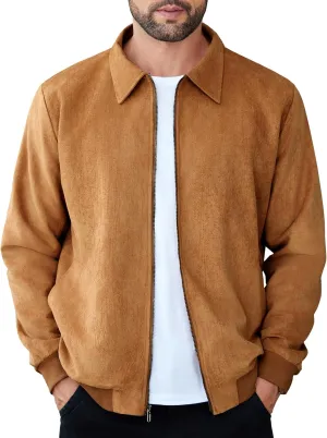 COOFANDY Men's Casual Suede Bomber Jacket Lightweight Full Zip Up Jackets Vintage Faux Leather Jacket