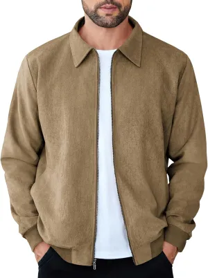 COOFANDY Men's Casual Suede Bomber Jacket Lightweight Full Zip Up Jackets Vintage Faux Leather Jacket