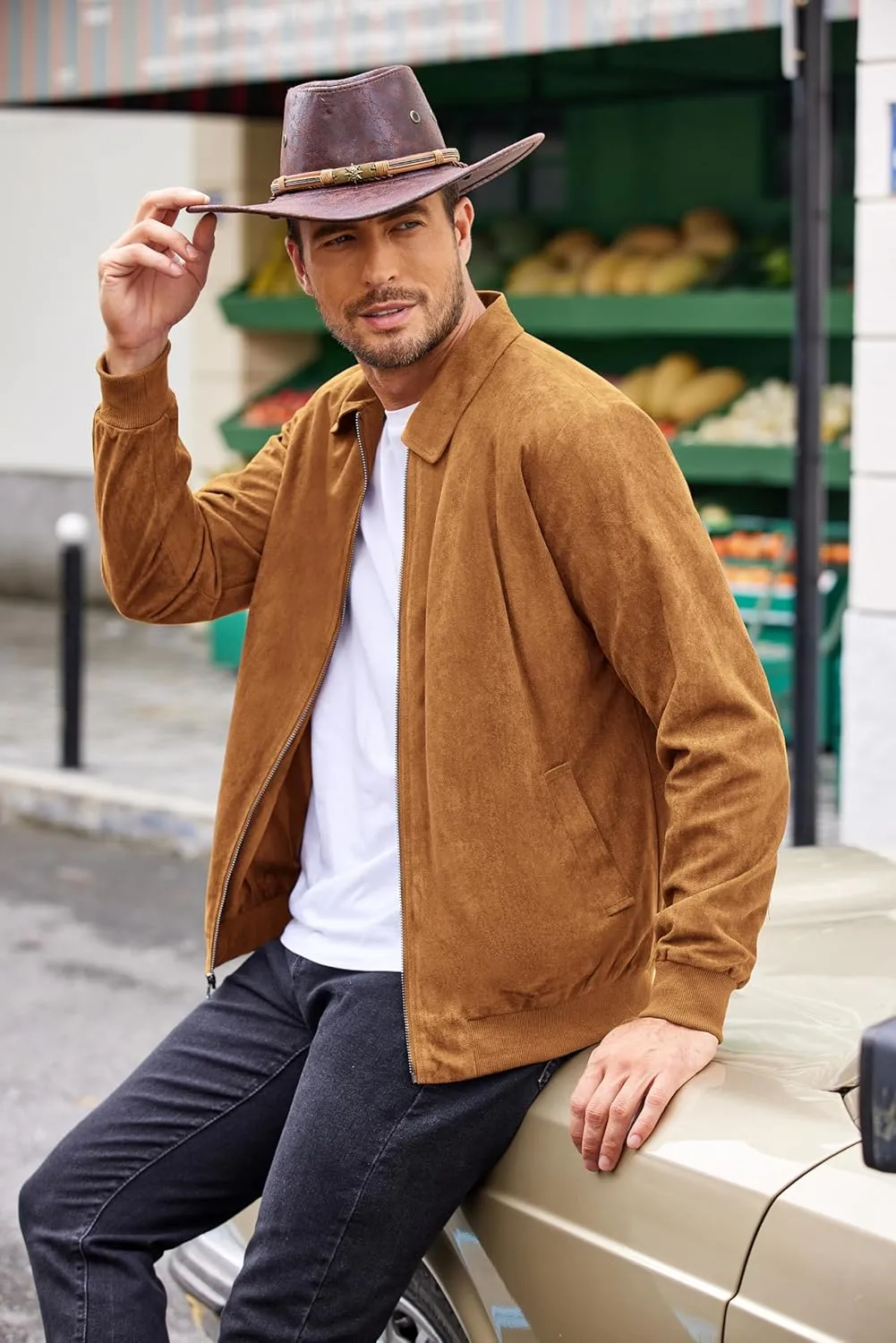 COOFANDY Men's Casual Suede Bomber Jacket Lightweight Full Zip Up Jackets Vintage Faux Leather Jacket