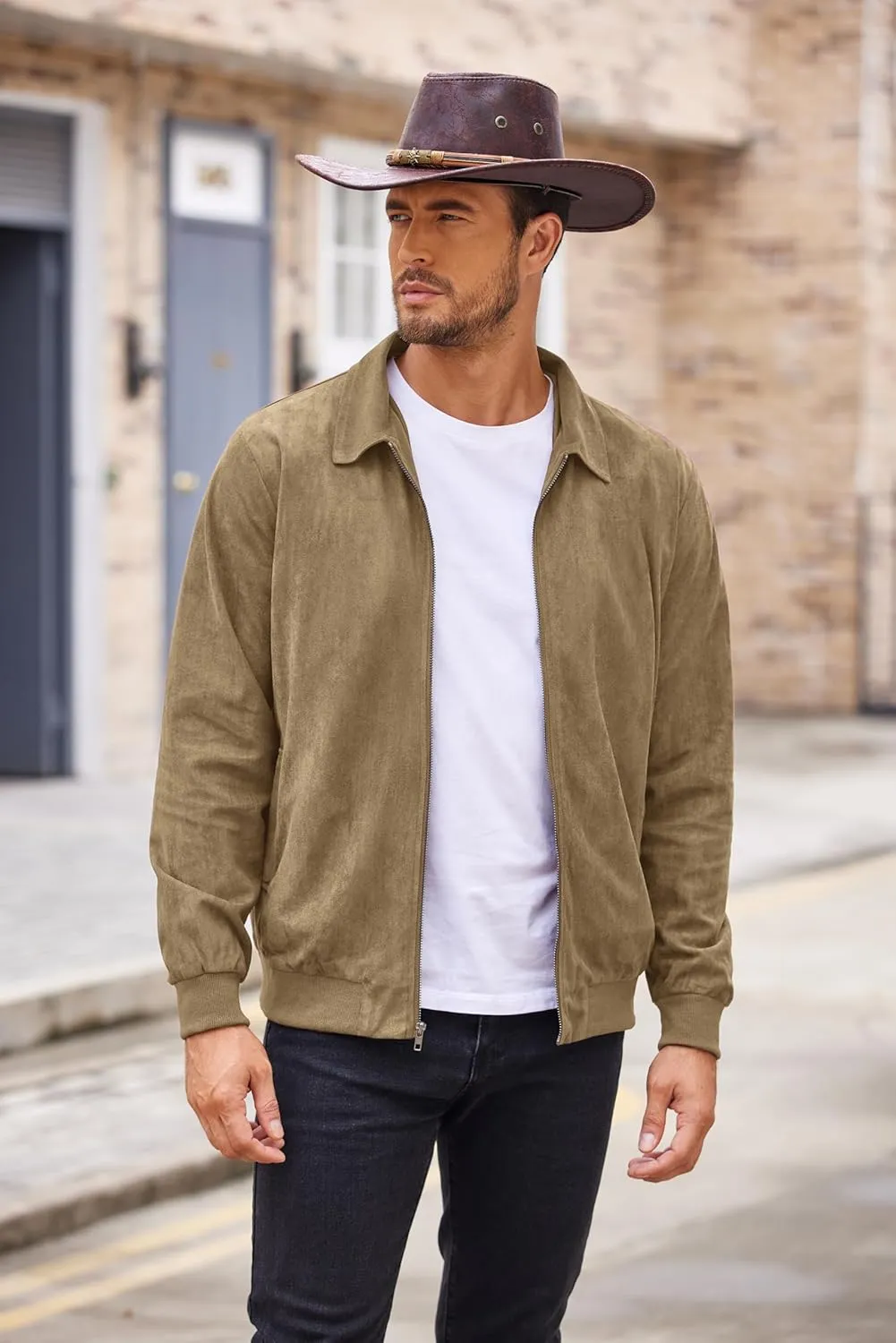 COOFANDY Men's Casual Suede Bomber Jacket Lightweight Full Zip Up Jackets Vintage Faux Leather Jacket