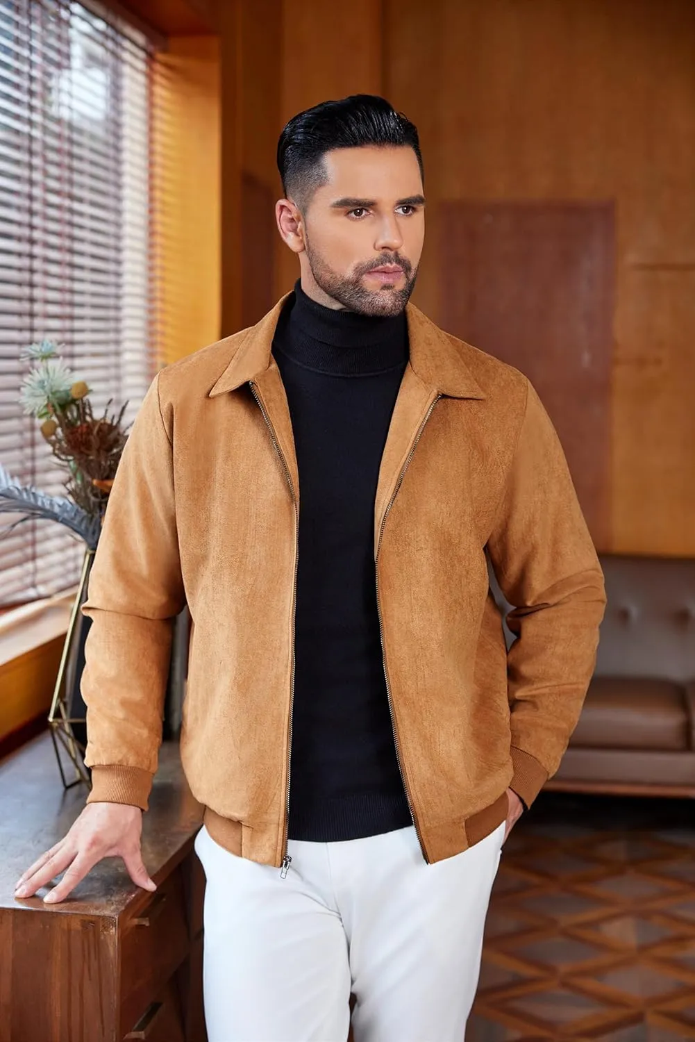 COOFANDY Men's Casual Suede Bomber Jacket Lightweight Full Zip Up Jackets Vintage Faux Leather Jacket