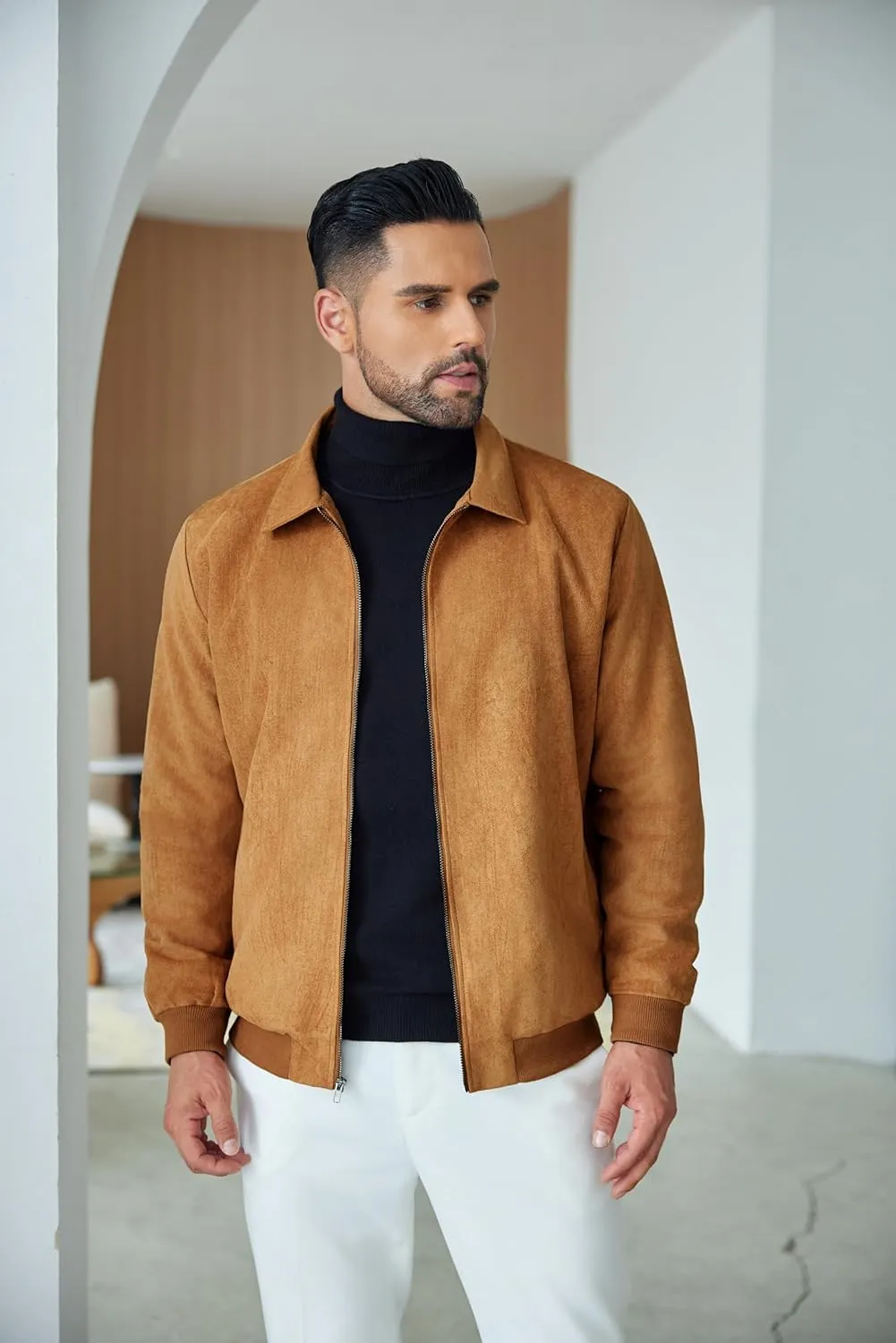COOFANDY Men's Casual Suede Bomber Jacket Lightweight Full Zip Up Jackets Vintage Faux Leather Jacket