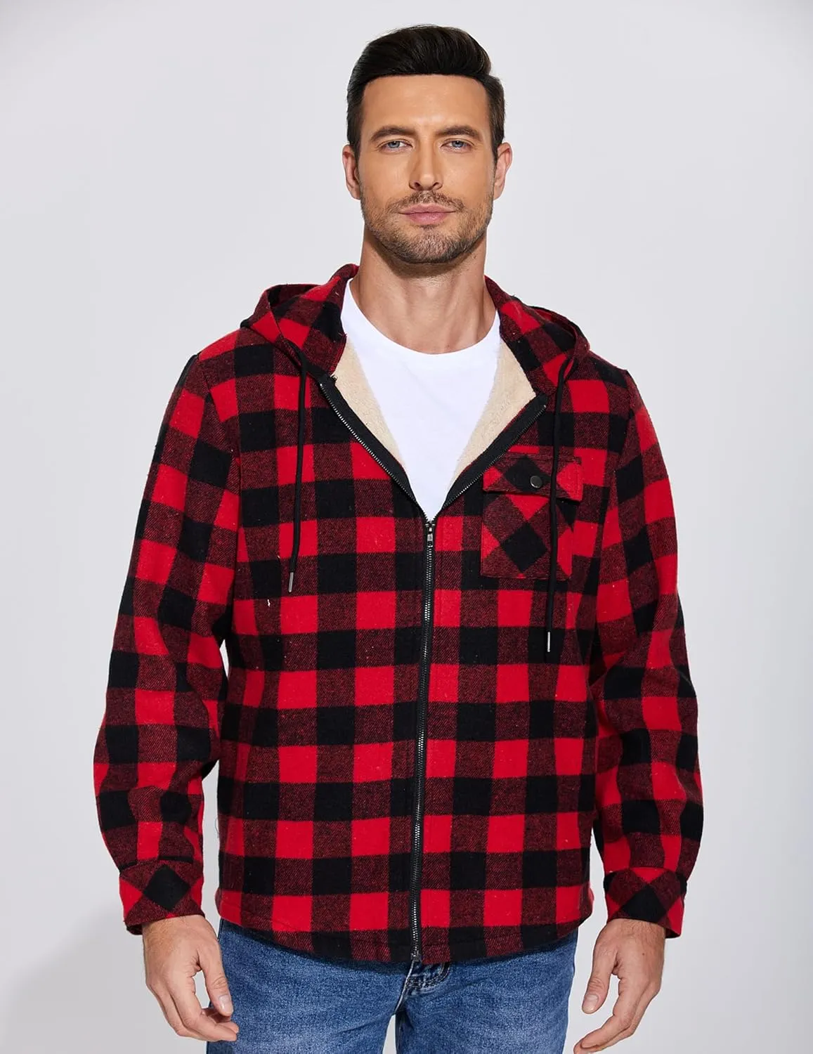COOFANDY Men's Flannel Fleece Jacket Sherpa Lined Shirt Jacket Plaid Zip Up Hoodie Soft Warm Coat with Hood