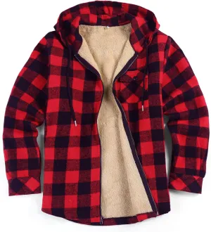 COOFANDY Men's Flannel Fleece Jacket Sherpa Lined Shirt Jacket Plaid Zip Up Hoodie Soft Warm Coat with Hood