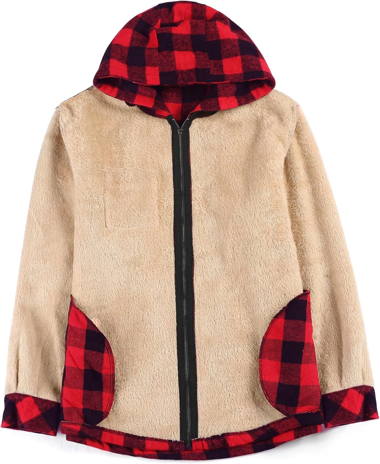 COOFANDY Men's Flannel Fleece Jacket Sherpa Lined Shirt Jacket Plaid Zip Up Hoodie Soft Warm Coat with Hood