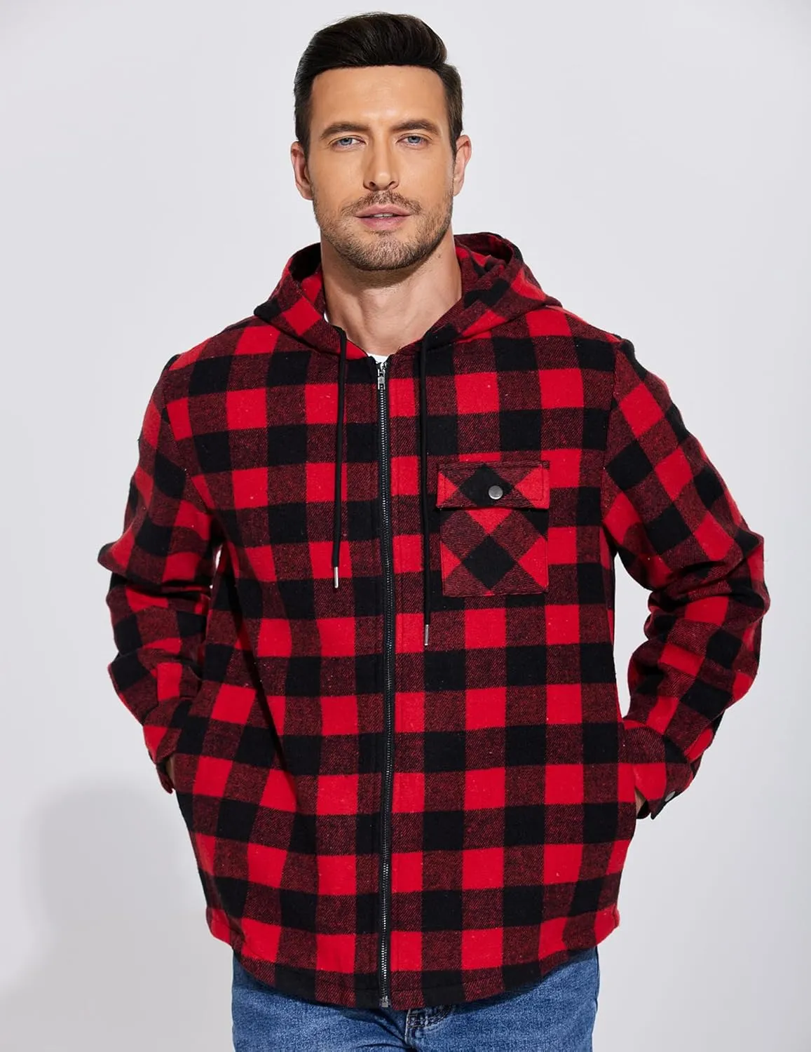 COOFANDY Men's Flannel Fleece Jacket Sherpa Lined Shirt Jacket Plaid Zip Up Hoodie Soft Warm Coat with Hood