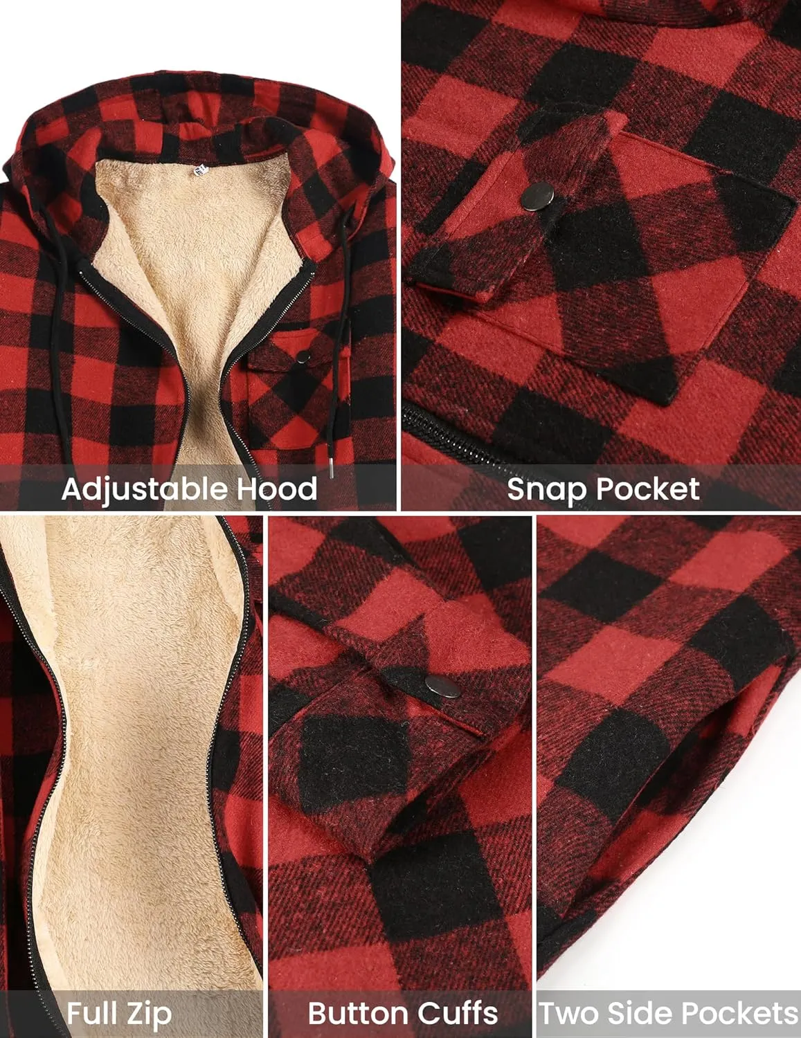 COOFANDY Men's Flannel Fleece Jacket Sherpa Lined Shirt Jacket Plaid Zip Up Hoodie Soft Warm Coat with Hood