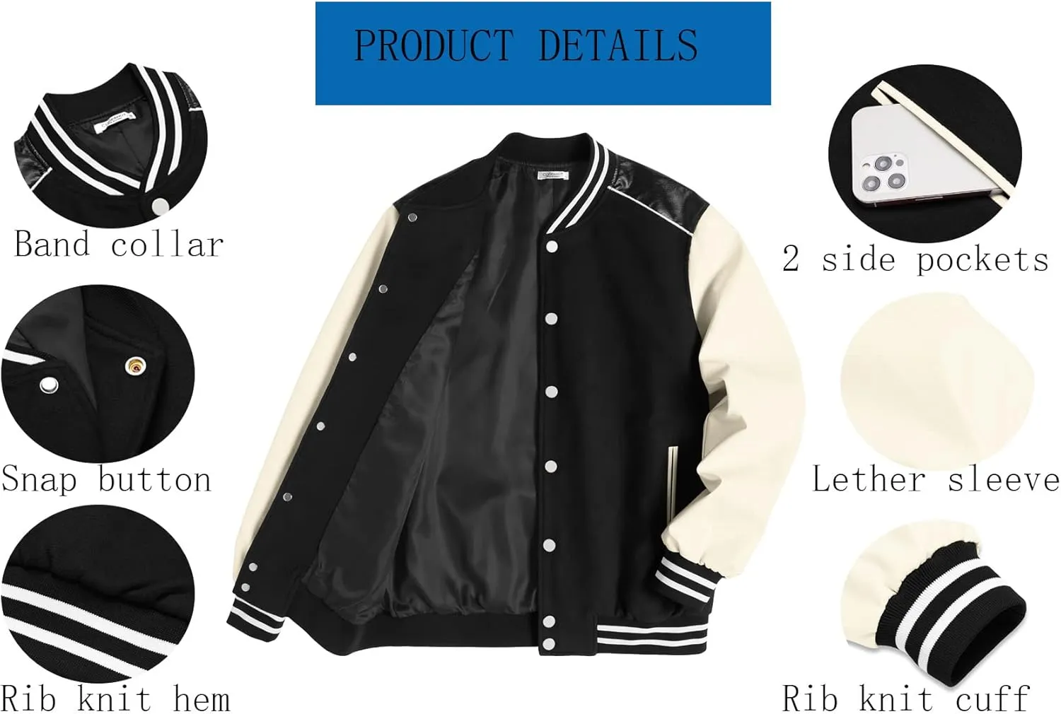 COOFANDY Mens Varsity Jacket Casual Leather Sleeve Baseball Letterman Bomber Jacket Coat
