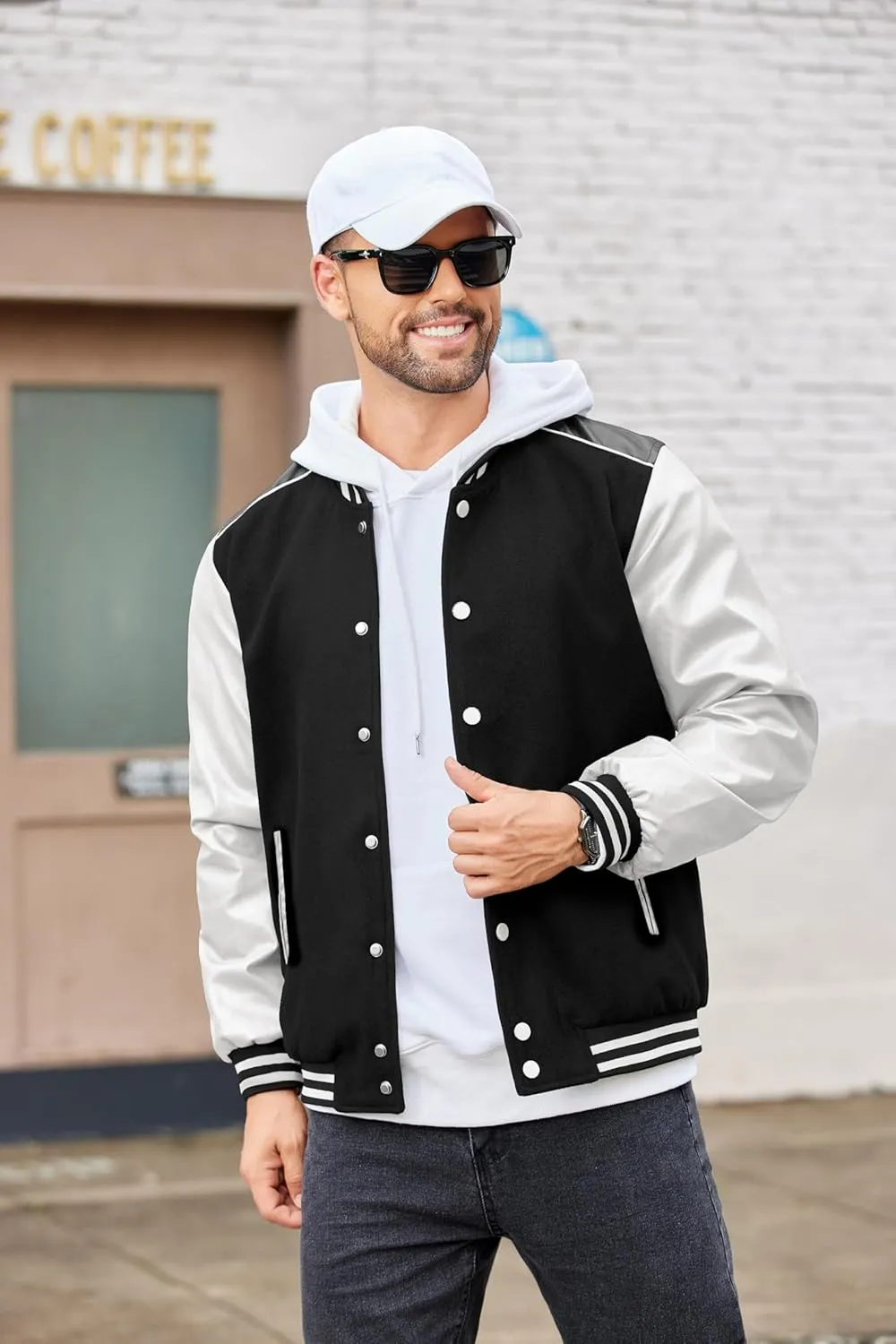 COOFANDY Mens Varsity Jacket Casual Leather Sleeve Baseball Letterman Bomber Jacket Coat