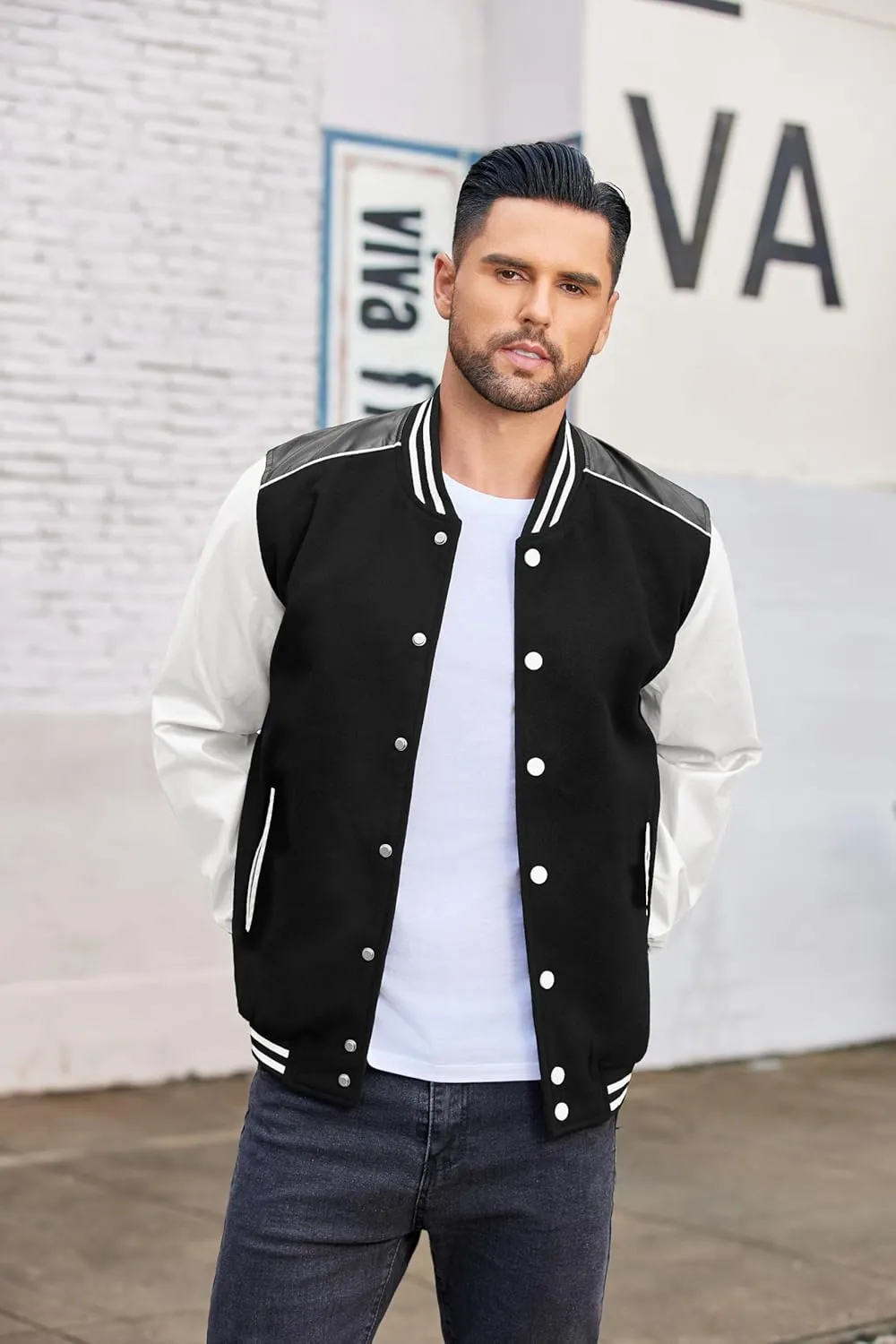 COOFANDY Mens Varsity Jacket Casual Leather Sleeve Baseball Letterman Bomber Jacket Coat