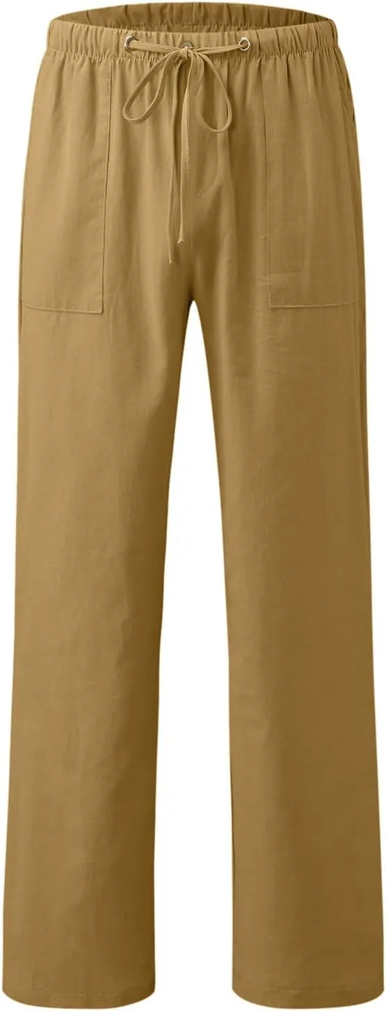 Cotton Linen Pants Women 2025 Casual Straight Leg Drawstring Elastic Hight Waist Trousers Pockets Loose Palazzo Pants