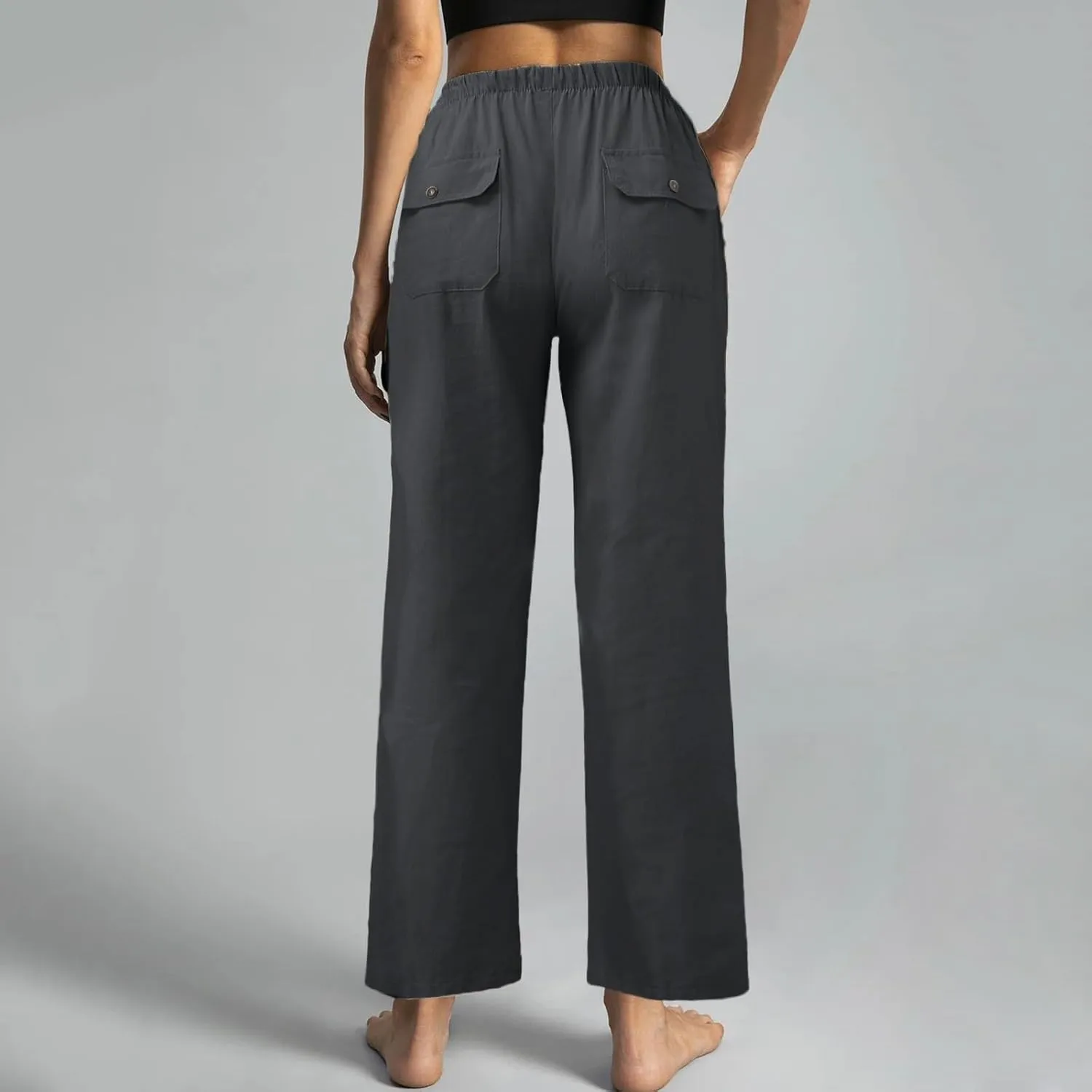 Cotton Linen Pants Women 2025 Casual Straight Leg Drawstring Elastic Hight Waist Trousers Pockets Loose Palazzo Pants