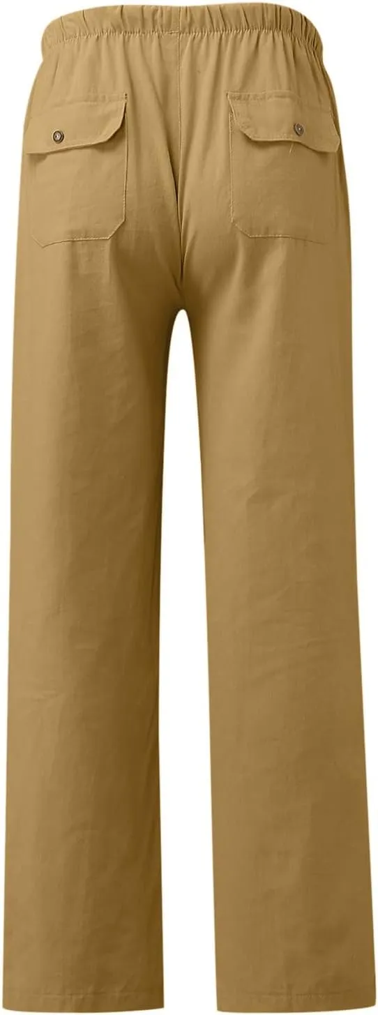 Cotton Linen Pants Women 2025 Casual Straight Leg Drawstring Elastic Hight Waist Trousers Pockets Loose Palazzo Pants