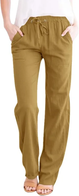 Cotton Linen Pants Women 2025 Casual Straight Leg Drawstring Elastic Hight Waist Trousers Pockets Loose Palazzo Pants