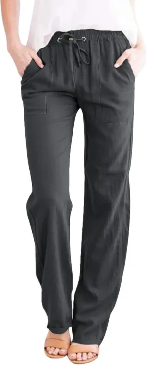 Cotton Linen Pants Women 2025 Casual Straight Leg Drawstring Elastic Hight Waist Trousers Pockets Loose Palazzo Pants