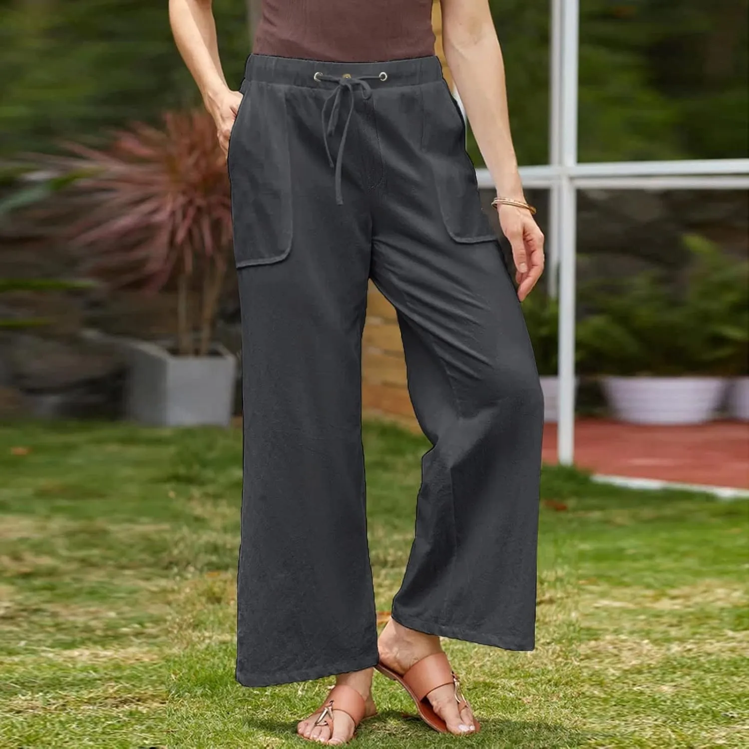 Cotton Linen Pants Women 2025 Casual Straight Leg Drawstring Elastic Hight Waist Trousers Pockets Loose Palazzo Pants