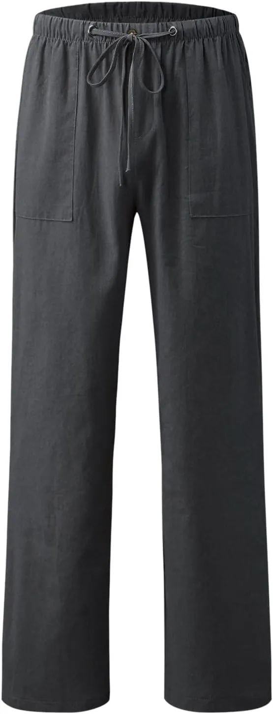 Cotton Linen Pants Women 2025 Casual Straight Leg Drawstring Elastic Hight Waist Trousers Pockets Loose Palazzo Pants