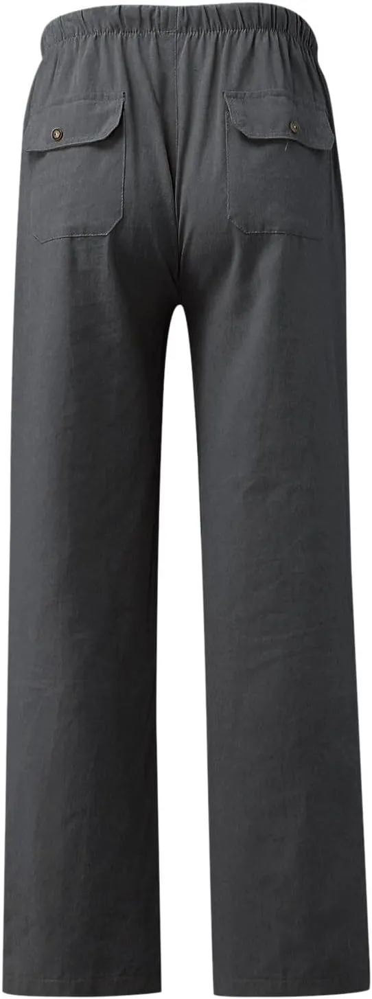 Cotton Linen Pants Women 2025 Casual Straight Leg Drawstring Elastic Hight Waist Trousers Pockets Loose Palazzo Pants