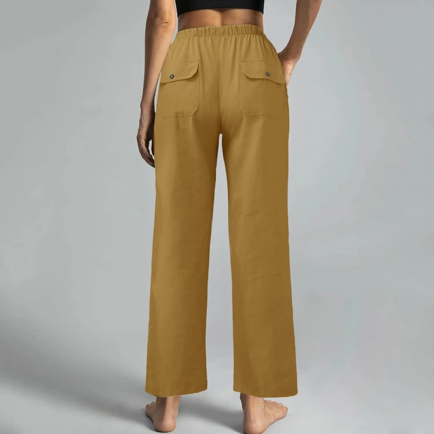 Cotton Linen Pants Women 2025 Casual Straight Leg Drawstring Elastic Hight Waist Trousers Pockets Loose Palazzo Pants
