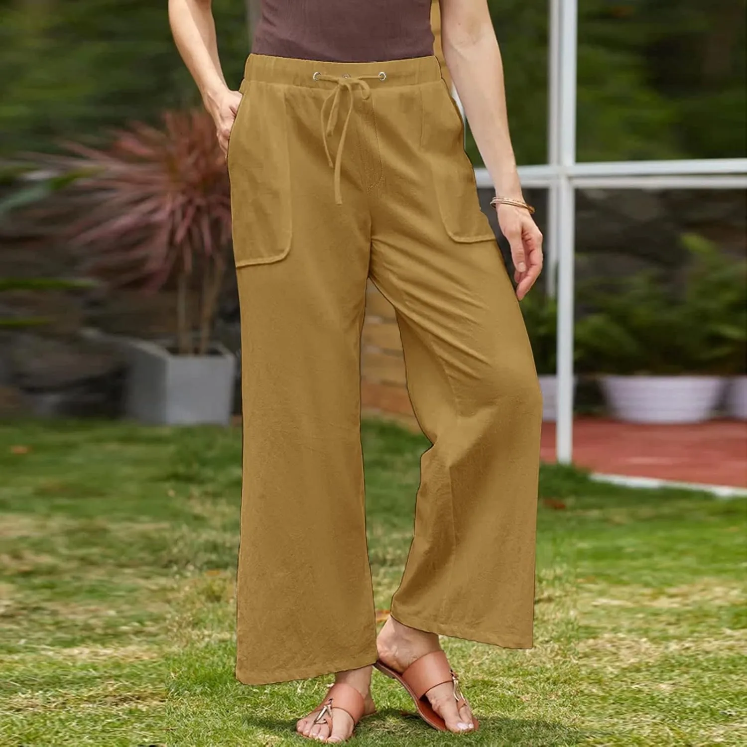 Cotton Linen Pants Women 2025 Casual Straight Leg Drawstring Elastic Hight Waist Trousers Pockets Loose Palazzo Pants