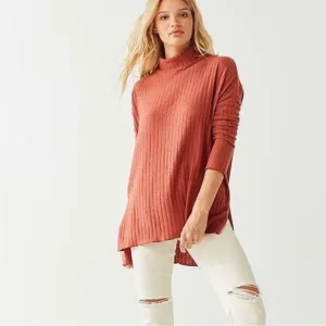 Cozy Ribbed Turtleneck Sweater in Coral