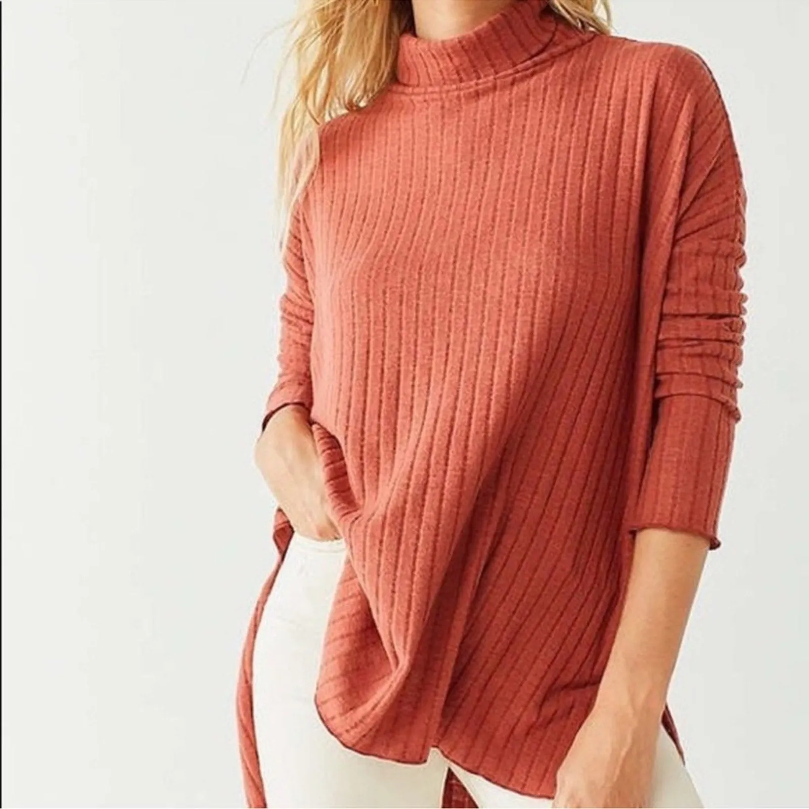 Cozy Ribbed Turtleneck Sweater in Coral