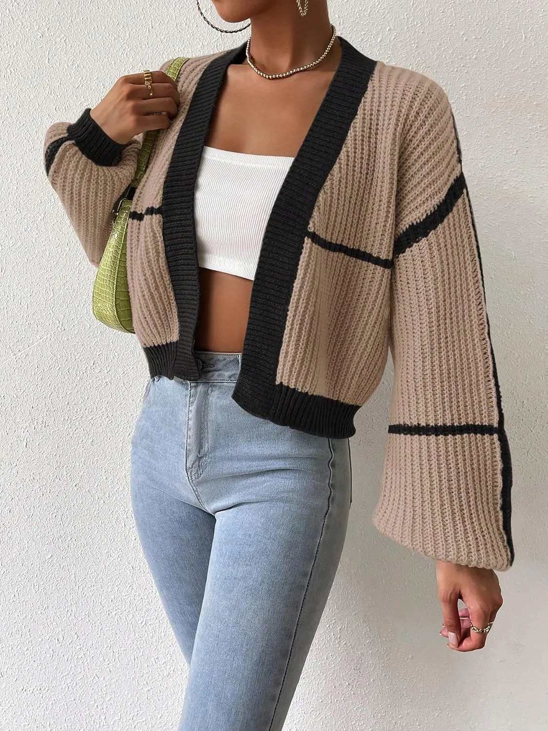 COZYEASE Women's Color Block Crop Cardigan Top Bishop Long Sleeve Open Front Sweater