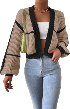 COZYEASE Women's Color Block Crop Cardigan Top Bishop Long Sleeve Open Front Sweater