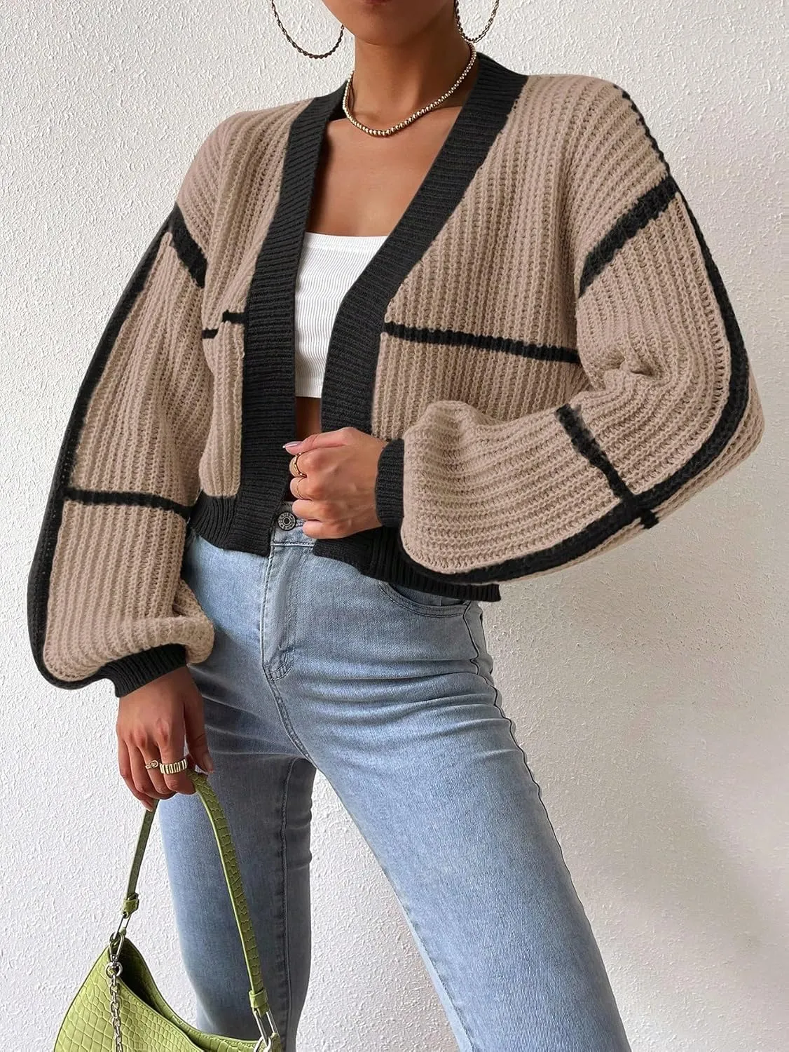 COZYEASE Women's Color Block Crop Cardigan Top Bishop Long Sleeve Open Front Sweater