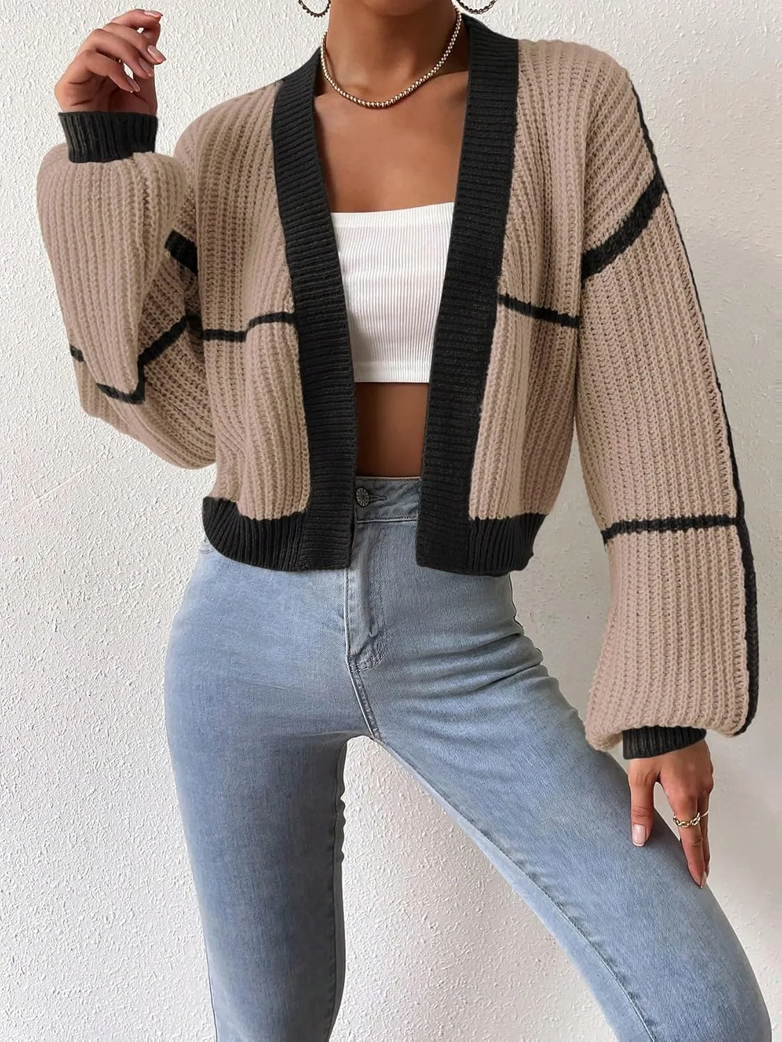 COZYEASE Women's Color Block Crop Cardigan Top Bishop Long Sleeve Open Front Sweater