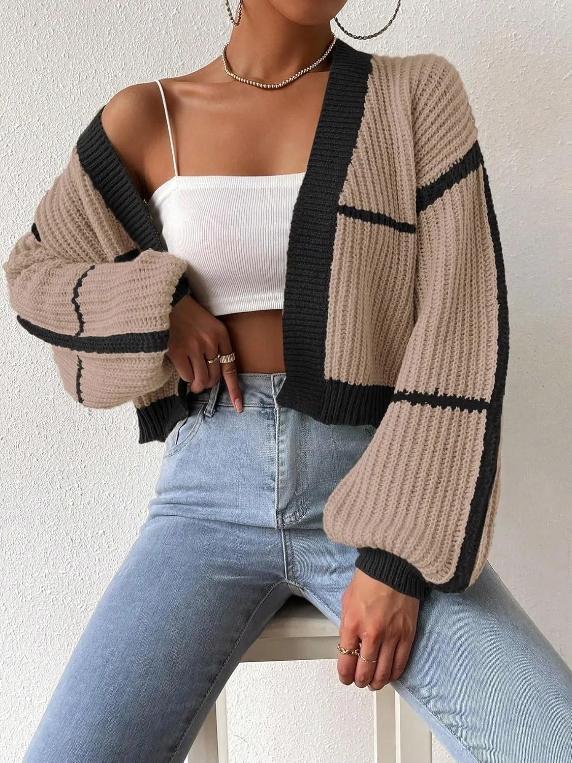 COZYEASE Women's Color Block Crop Cardigan Top Bishop Long Sleeve Open Front Sweater