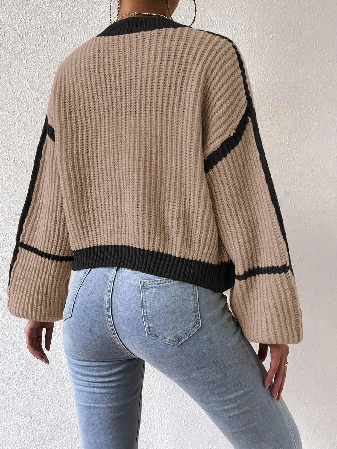 COZYEASE Women's Color Block Crop Cardigan Top Bishop Long Sleeve Open Front Sweater