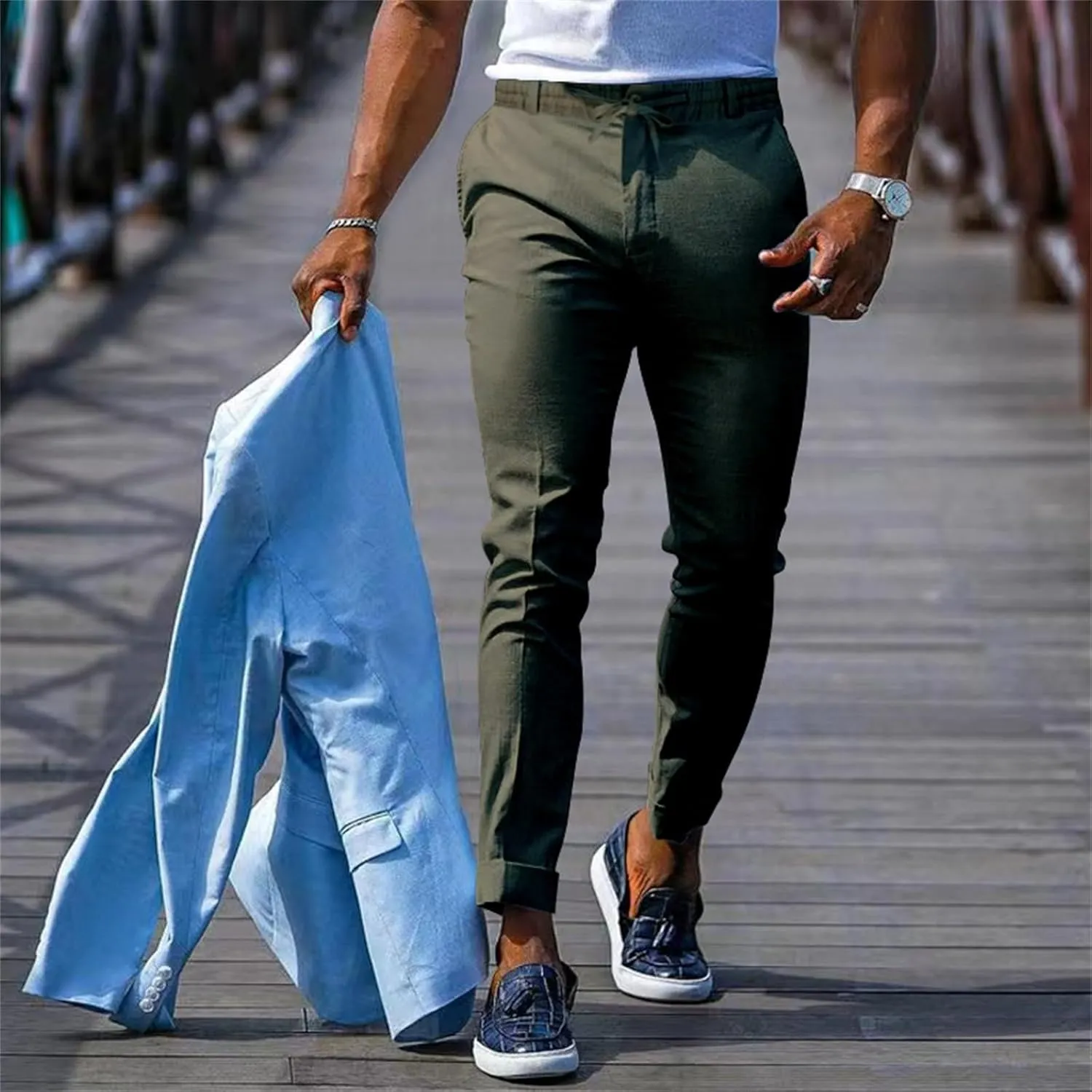 CRNTCEM Mens Tapered Leg Casual Pants Elastic Waist Chinos Cotton Joggers Outdoor Casual Anckle Athletic Work Formal Pant