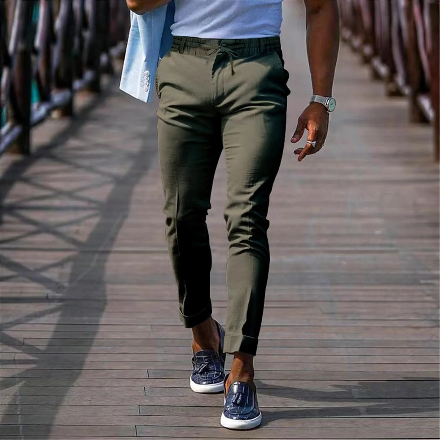 CRNTCEM Mens Tapered Leg Casual Pants Elastic Waist Chinos Cotton Joggers Outdoor Casual Anckle Athletic Work Formal Pant
