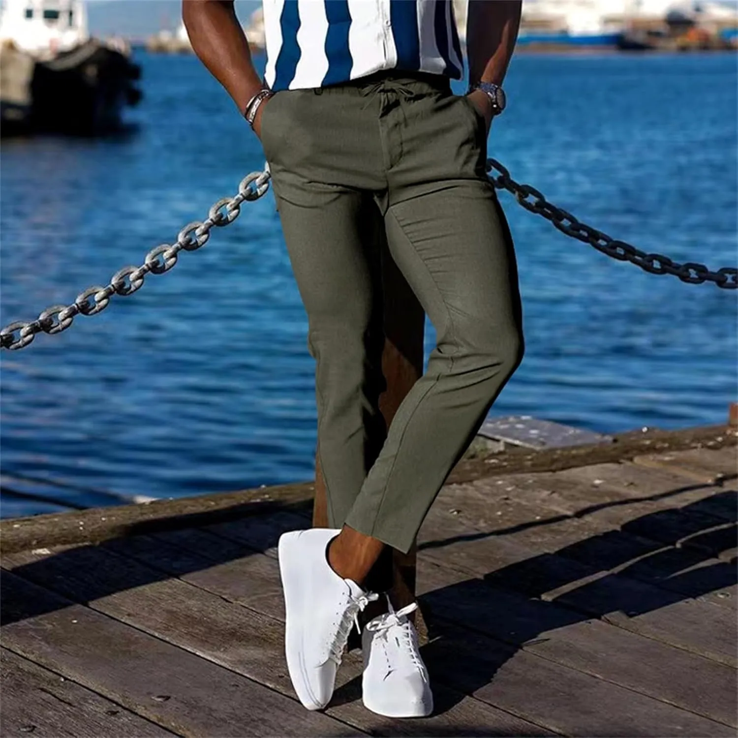 CRNTCEM Mens Tapered Leg Casual Pants Elastic Waist Chinos Cotton Joggers Outdoor Casual Anckle Athletic Work Formal Pant