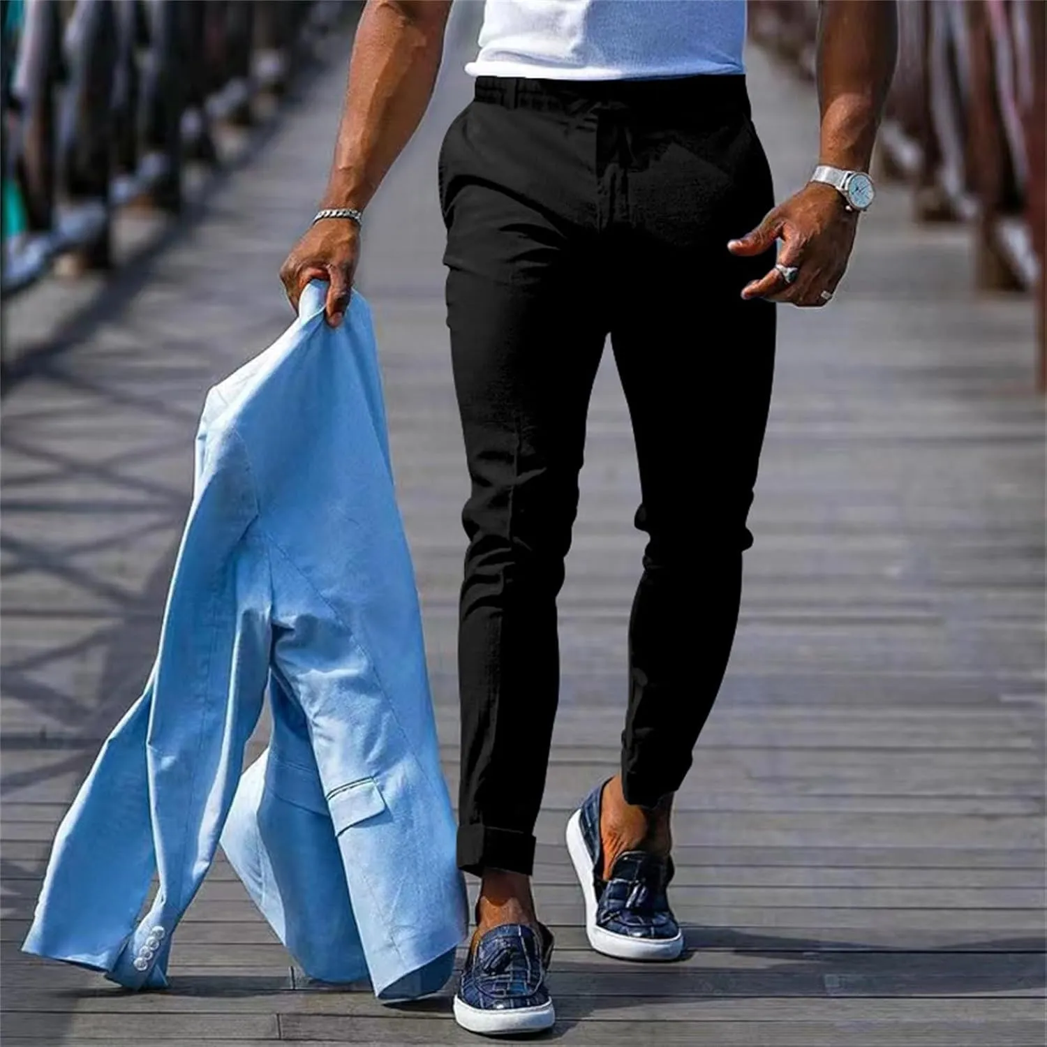 CRNTCEM Mens Tapered Leg Casual Pants Elastic Waist Chinos Cotton Joggers Outdoor Casual Anckle Athletic Work Formal Pant
