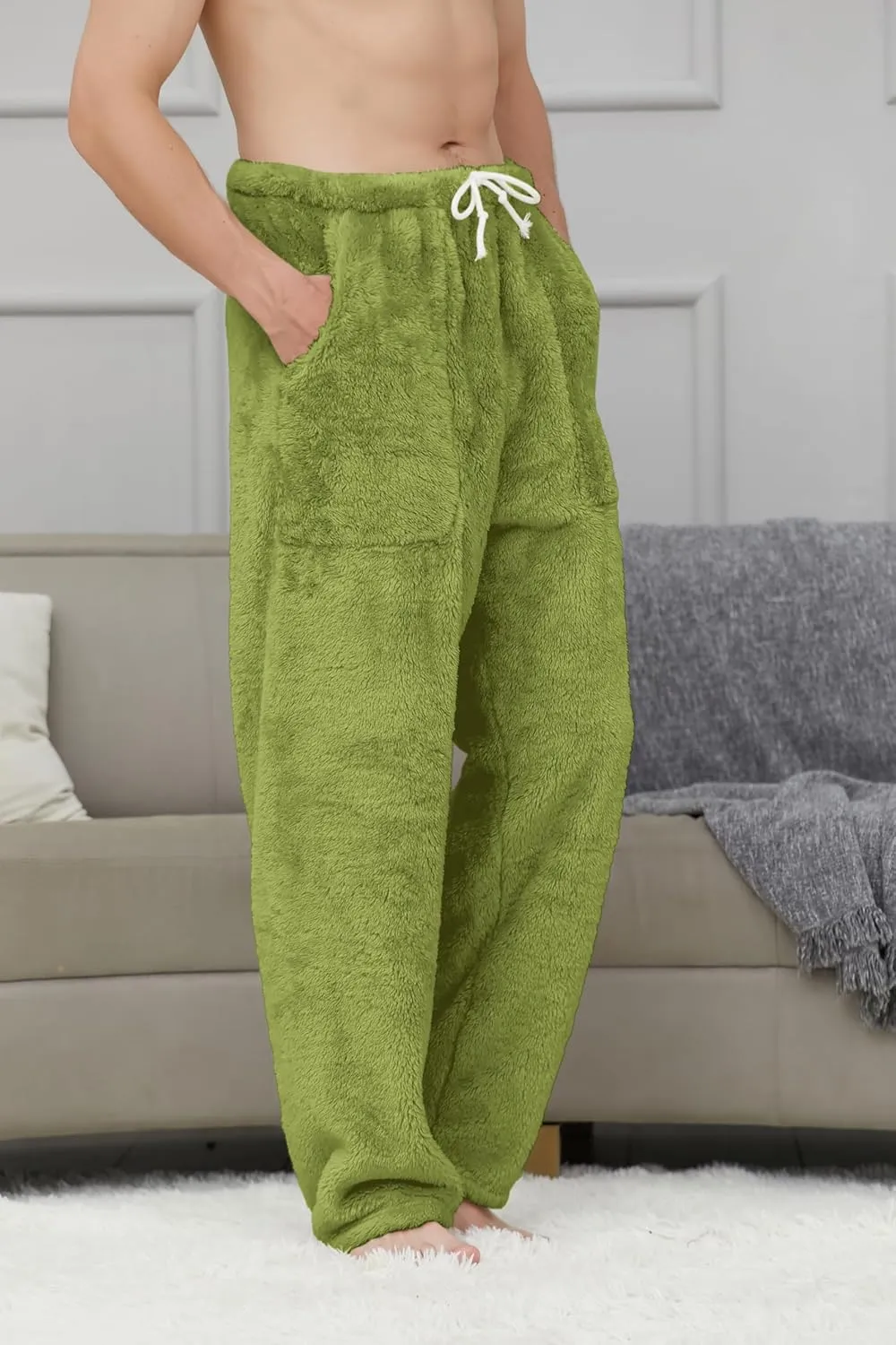 Cromoncent Men's Plush Warm Pajama Pants, Winter Cozy Fleece Lounge Sleepwear Pj Bottoms