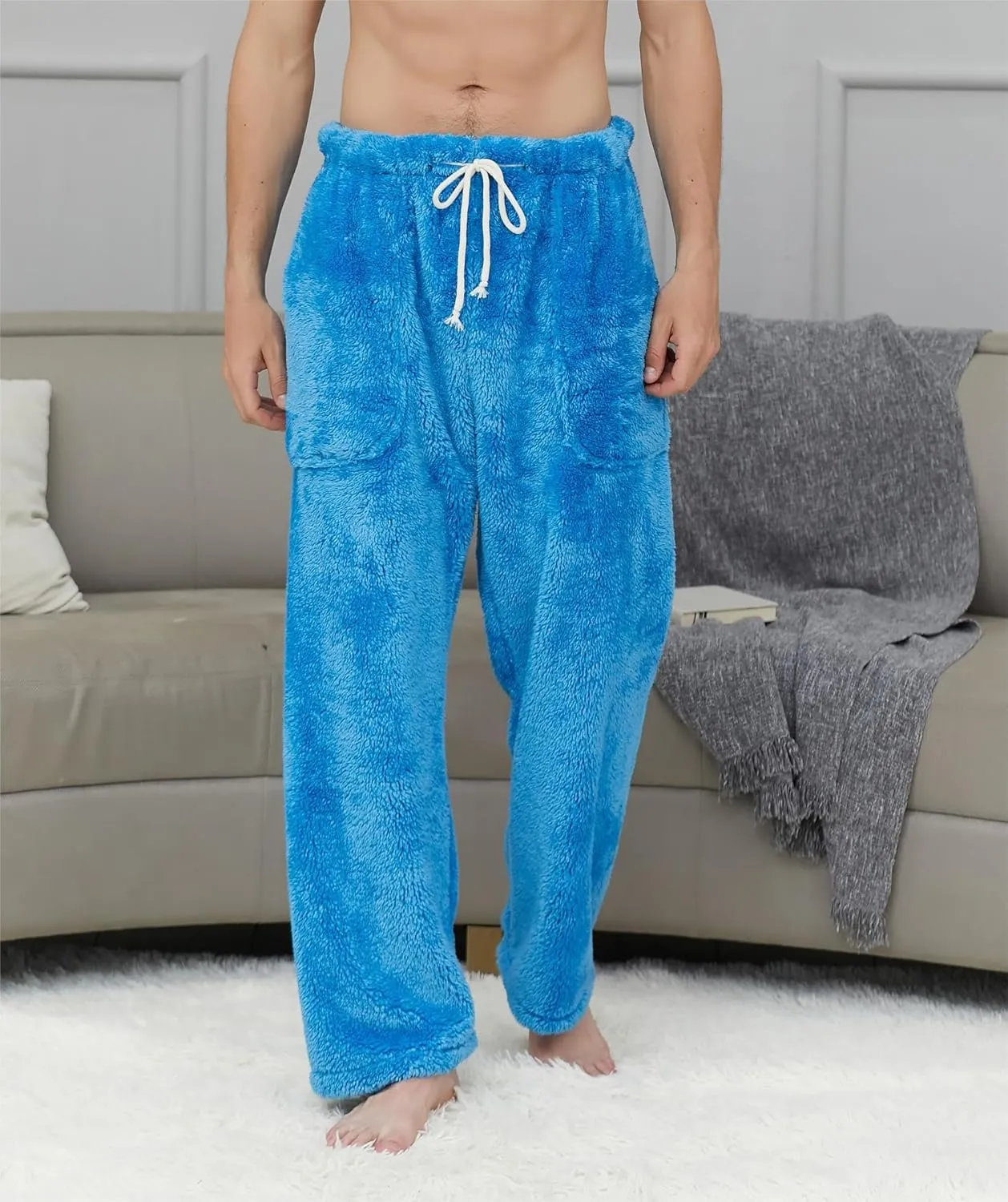 Cromoncent Men's Plush Warm Pajama Pants, Winter Cozy Fleece Lounge Sleepwear Pj Bottoms