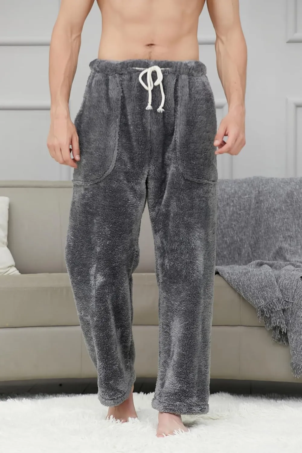 Cromoncent Men's Plush Warm Pajama Pants, Winter Cozy Fleece Lounge Sleepwear Pj Bottoms
