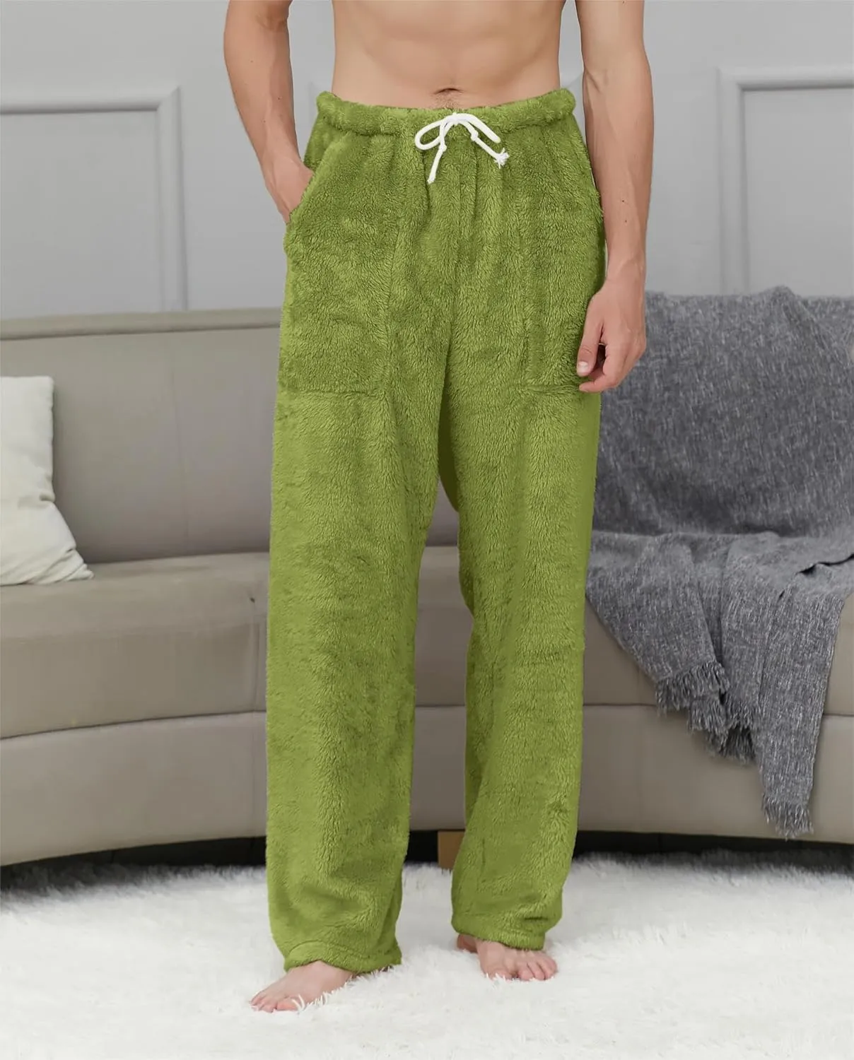 Cromoncent Men's Plush Warm Pajama Pants, Winter Cozy Fleece Lounge Sleepwear Pj Bottoms