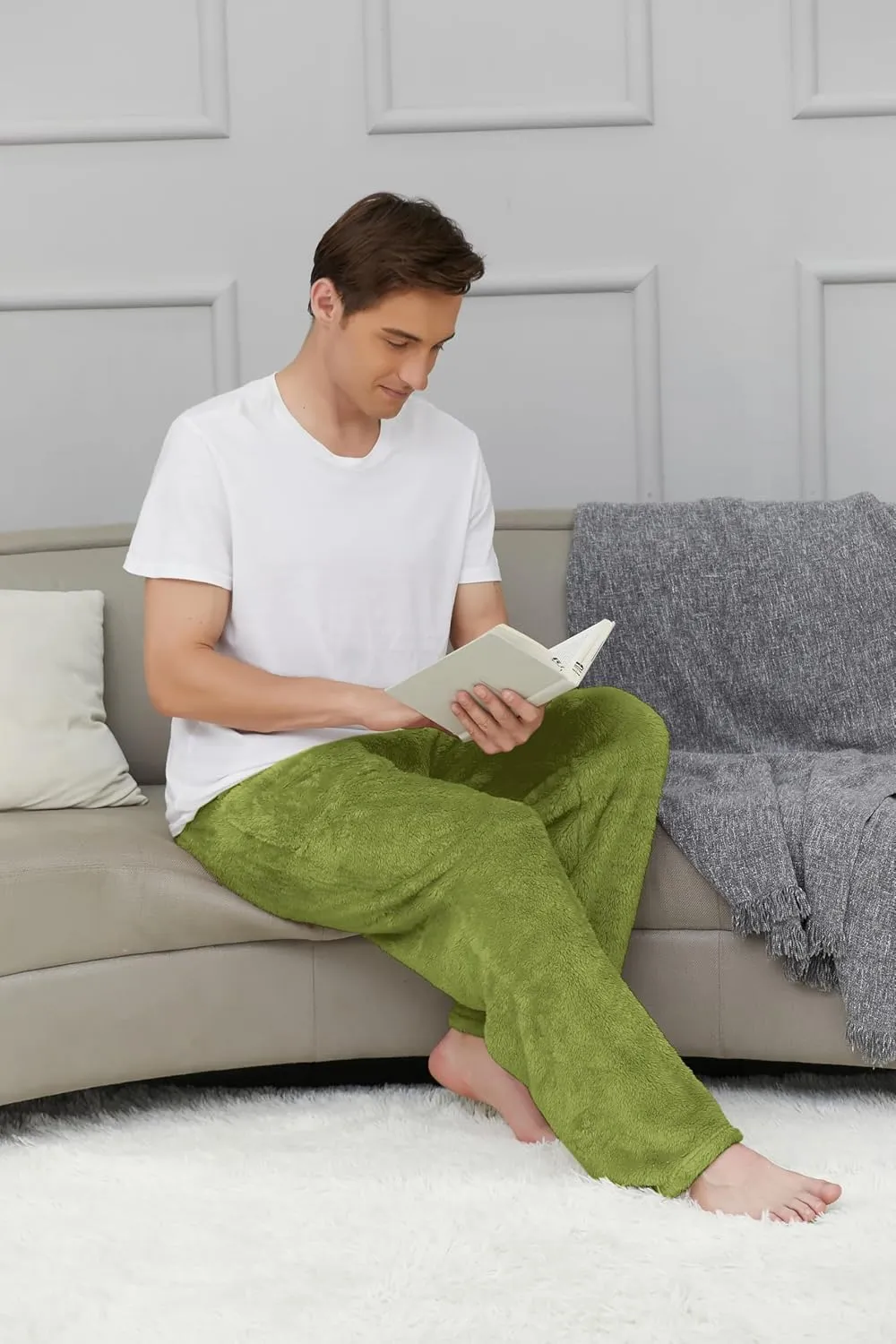 Cromoncent Men's Plush Warm Pajama Pants, Winter Cozy Fleece Lounge Sleepwear Pj Bottoms