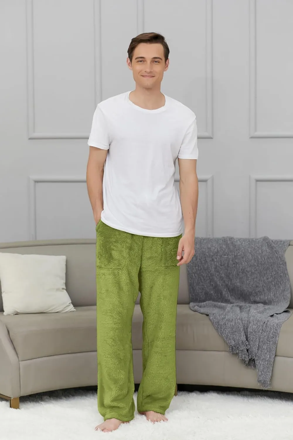 Cromoncent Men's Plush Warm Pajama Pants, Winter Cozy Fleece Lounge Sleepwear Pj Bottoms