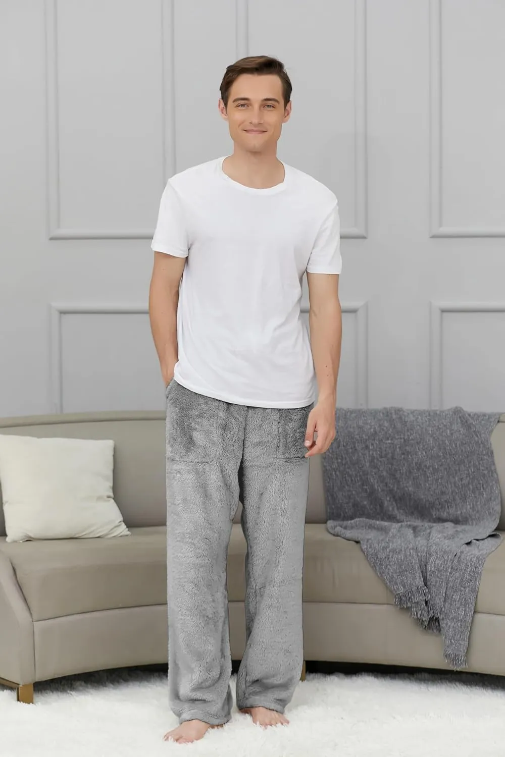 Cromoncent Men's Plush Warm Pajama Pants, Winter Cozy Fleece Lounge Sleepwear Pj Bottoms