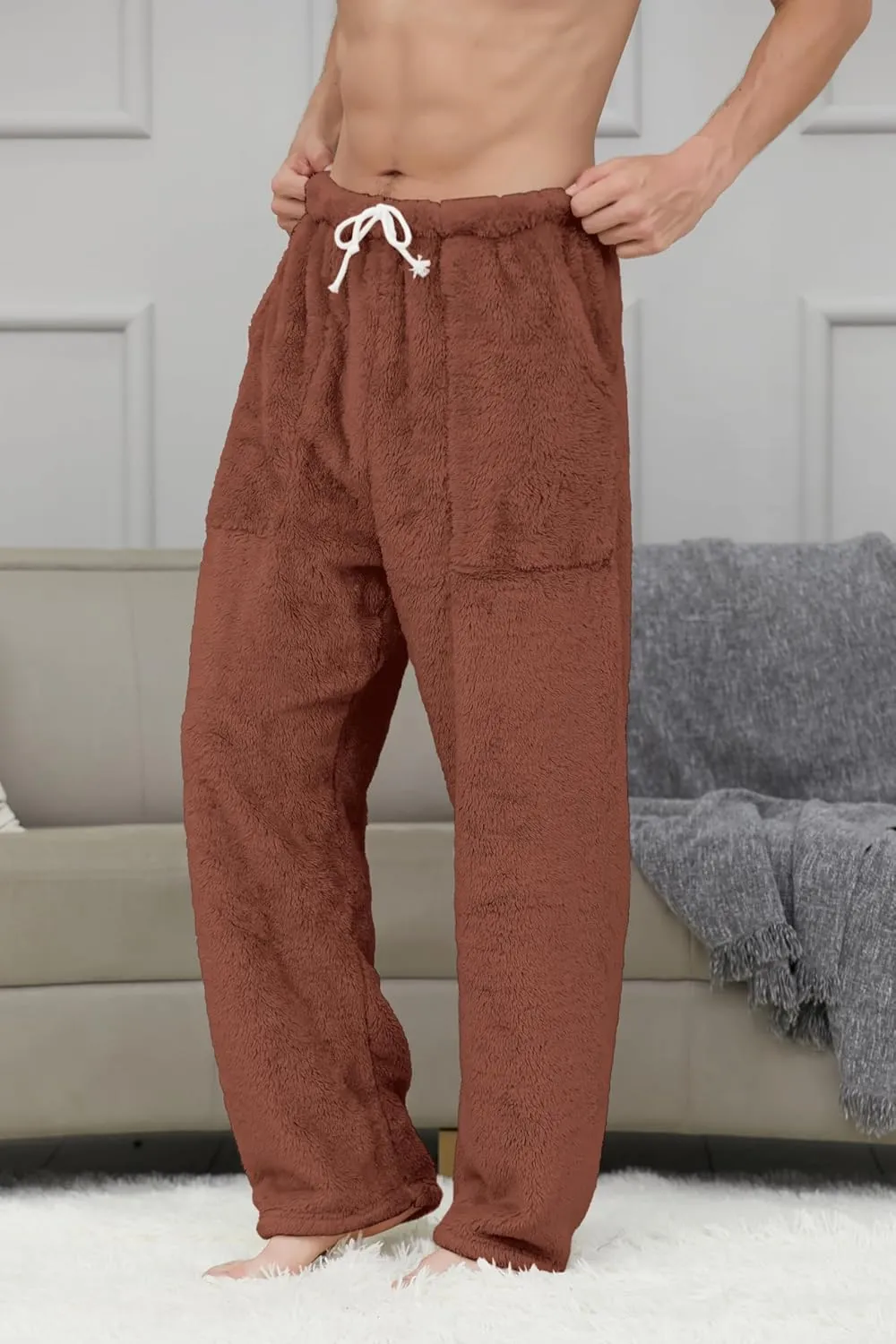 Cromoncent Men's Plush Warm Pajama Pants, Winter Cozy Fleece Lounge Sleepwear Pj Bottoms